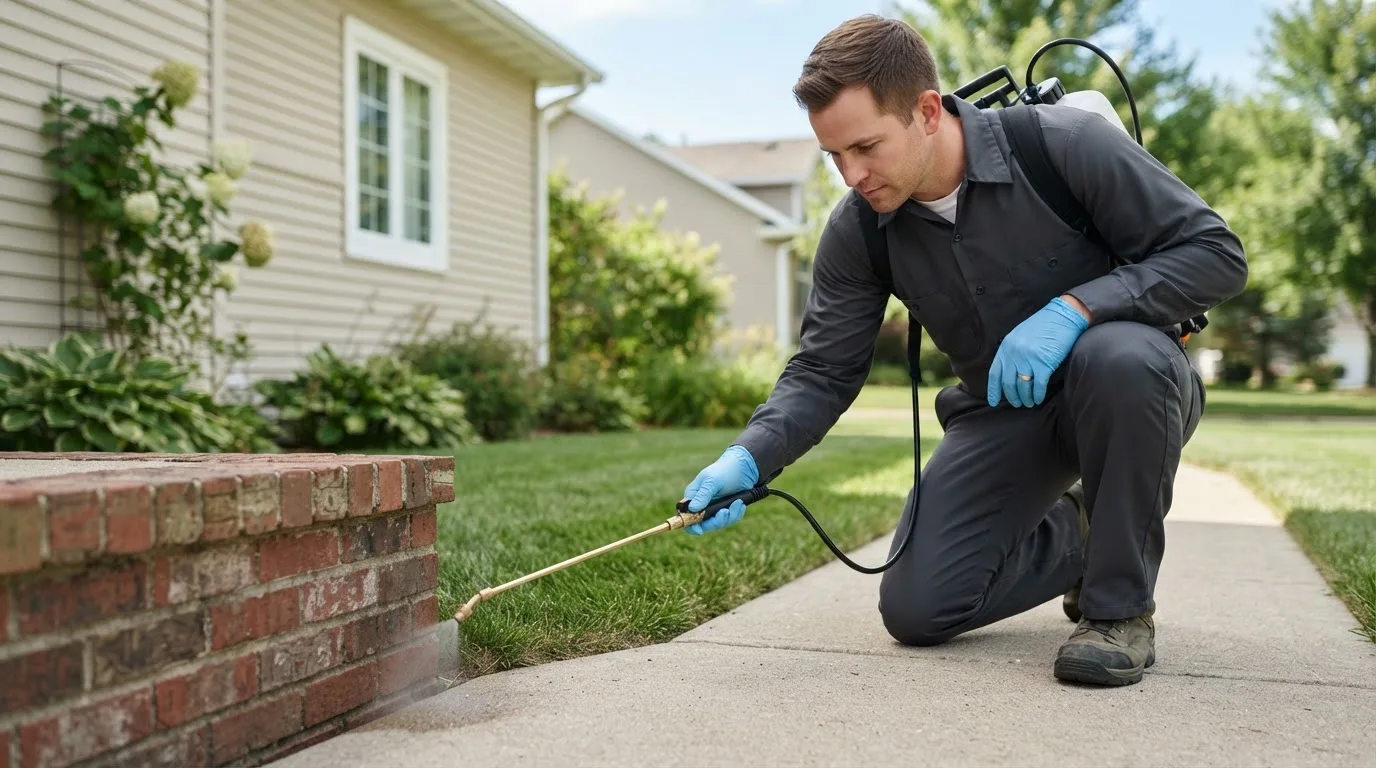 Pest control technician treating a home near Rush Center, KS