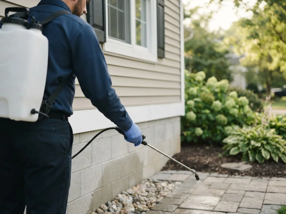 Pest control technician inspecting a home in Rush Center, KS